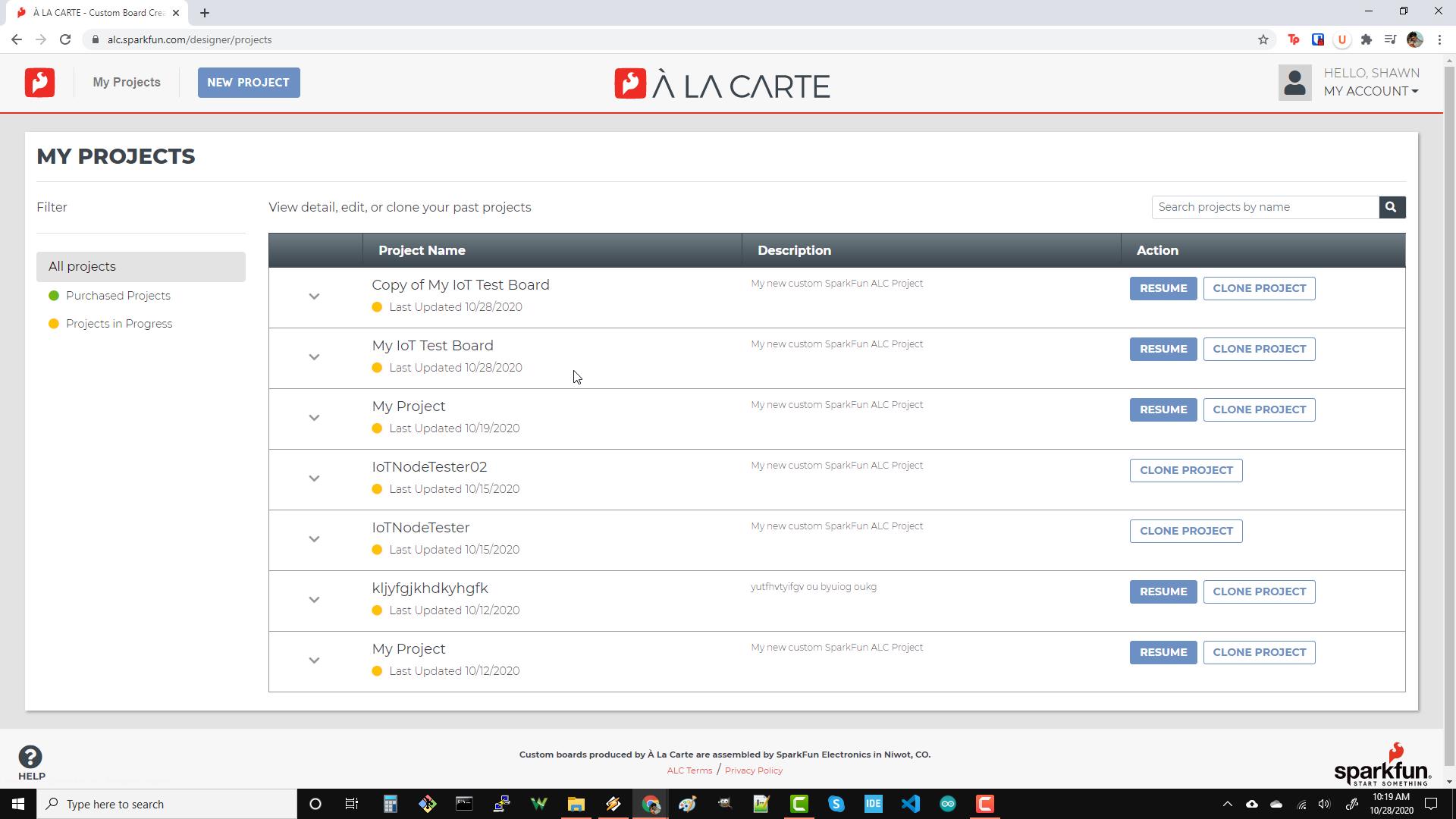 Saved projects in SparkFun ALC