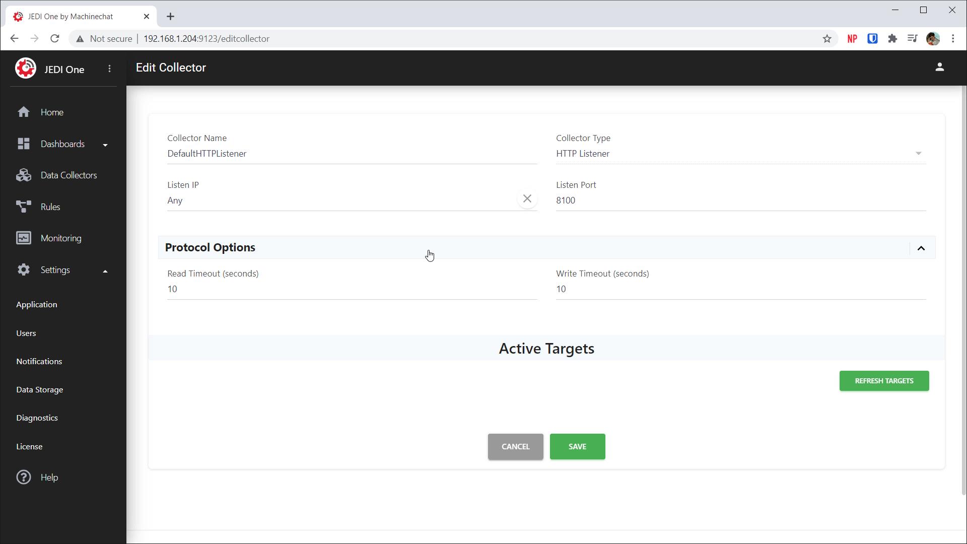 Configure data collector in Jedi One